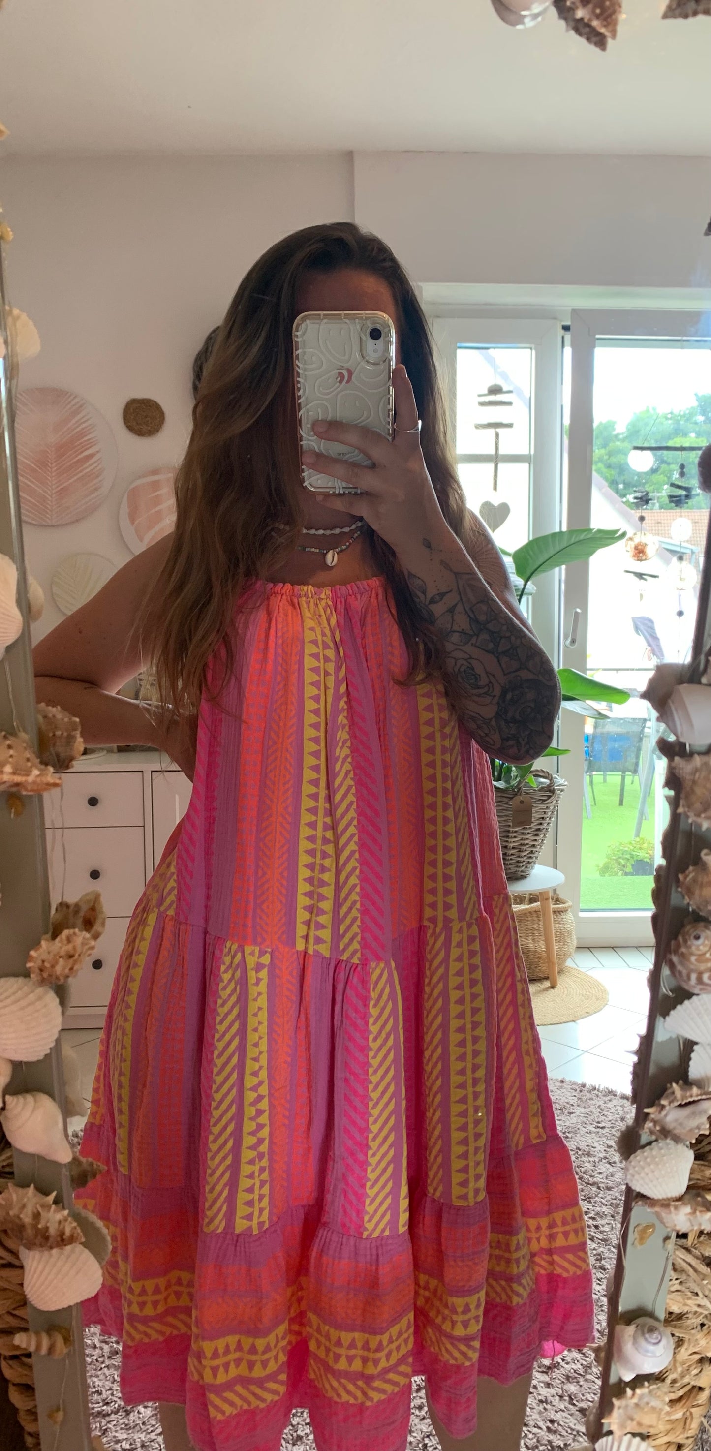 Musselin Kleid Sommerkleid Trägerkleid Spaghettiträger Hippie Boho Ethno Bloggerstyle Neon