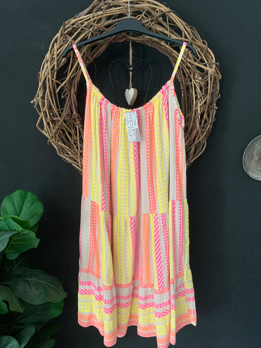 Musselin Kleid Sommerkleid Trägerkleid Spaghettiträger Hippie Boho Ethno Bloggerstyle Neon