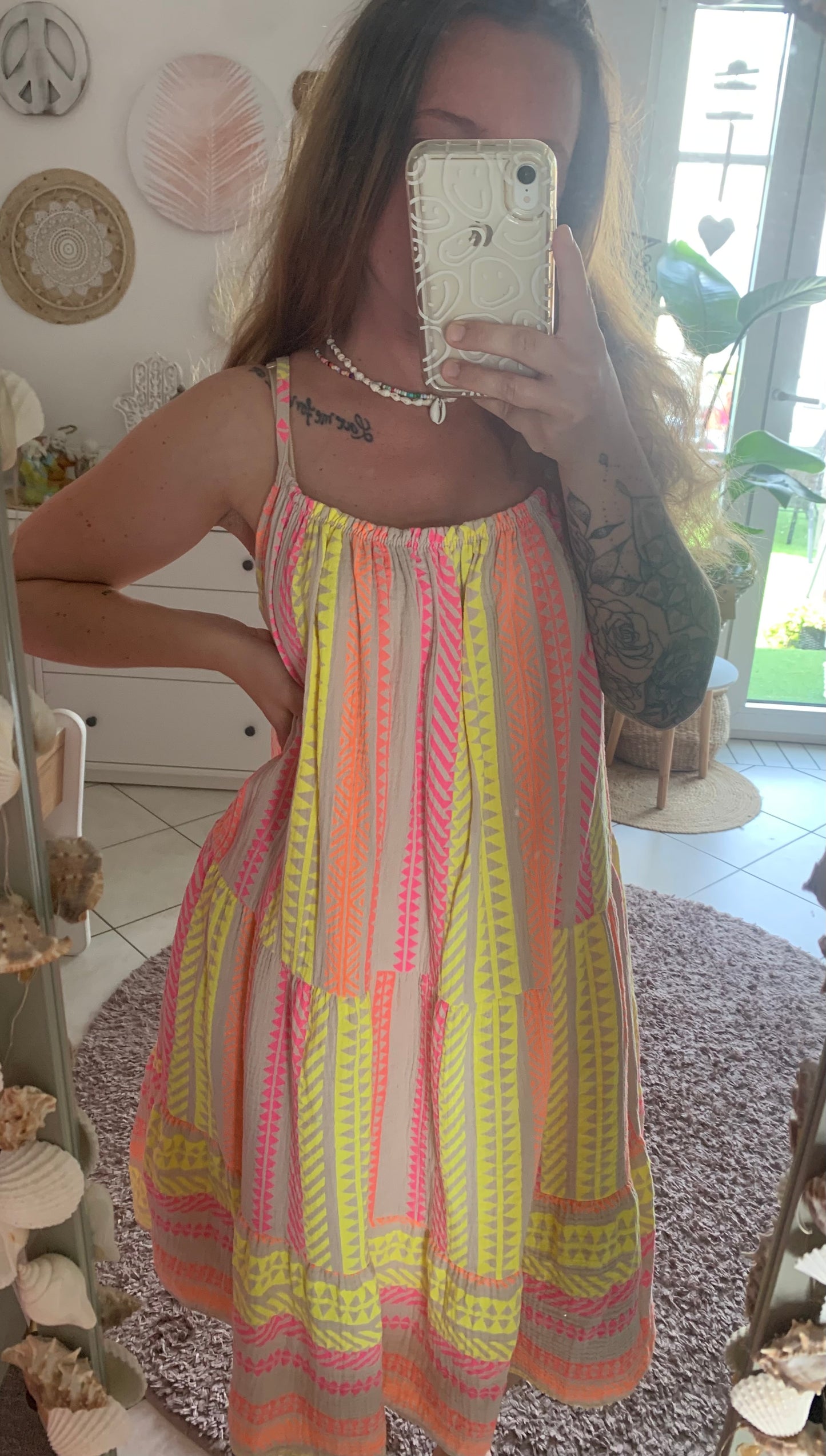 Musselin Kleid Sommerkleid Trägerkleid Spaghettiträger Hippie Boho Ethno Bloggerstyle Neon