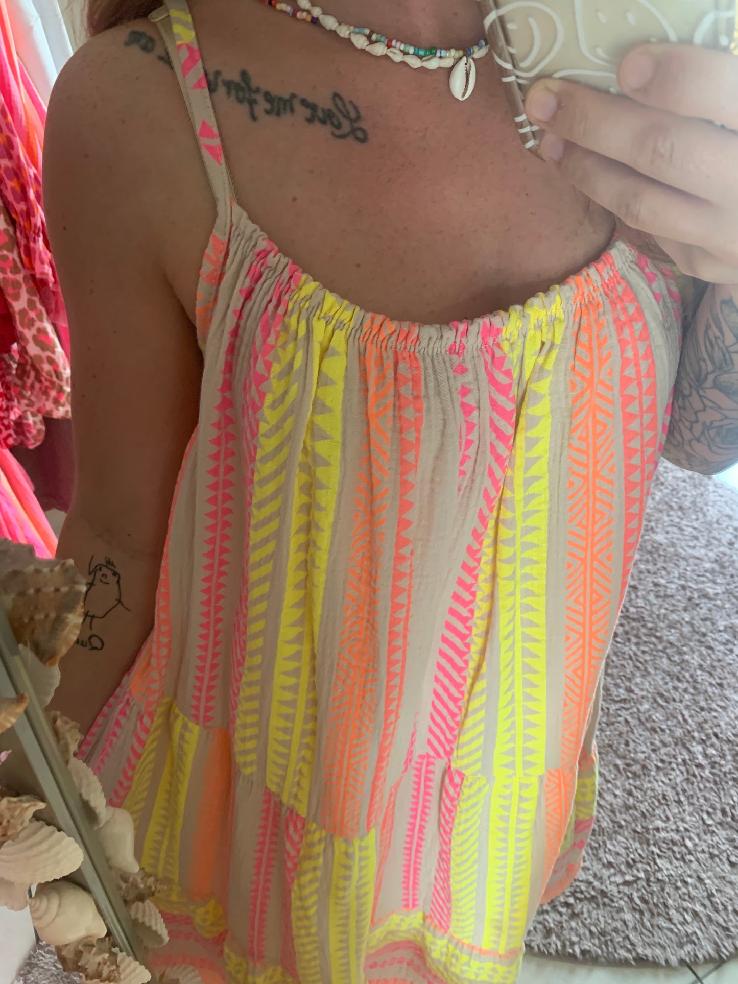 Musselin Kleid Sommerkleid Trägerkleid Spaghettiträger Hippie Boho Ethno Bloggerstyle Neon