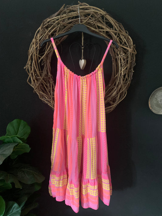 Musselin Kleid Sommerkleid Trägerkleid Spaghettiträger Hippie Boho Ethno Bloggerstyle Neon