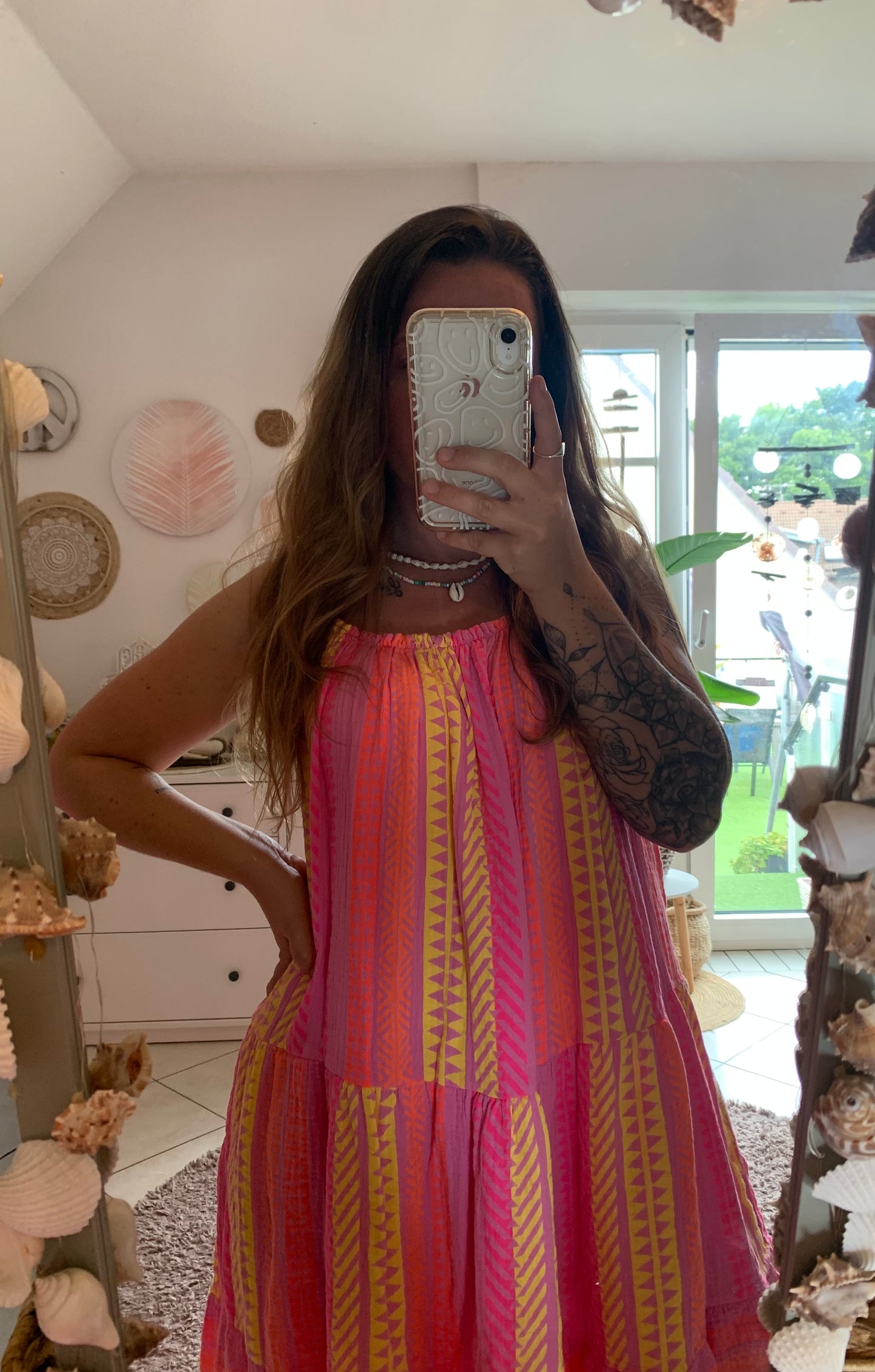 Musselin Kleid Sommerkleid Trägerkleid Spaghettiträger Hippie Boho Ethno Bloggerstyle Neon