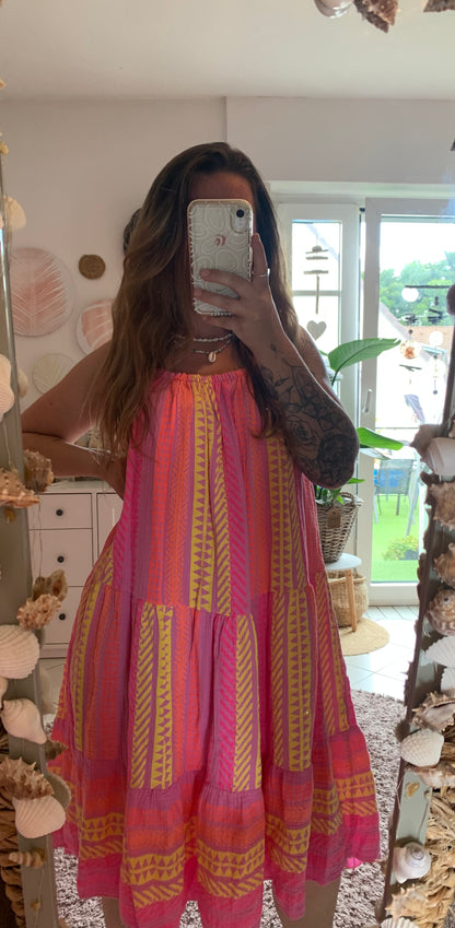 Musselin Kleid Sommerkleid Trägerkleid Spaghettiträger Hippie Boho Ethno Bloggerstyle Neon