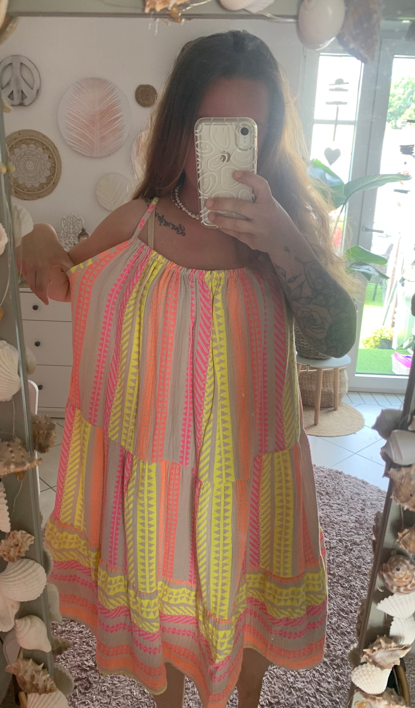 Musselin Kleid Sommerkleid Trägerkleid Spaghettiträger Hippie Boho Ethno Bloggerstyle Neon