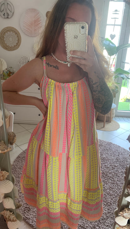 Musselin Kleid Sommerkleid Trägerkleid Spaghettiträger Hippie Boho Ethno Bloggerstyle Neon