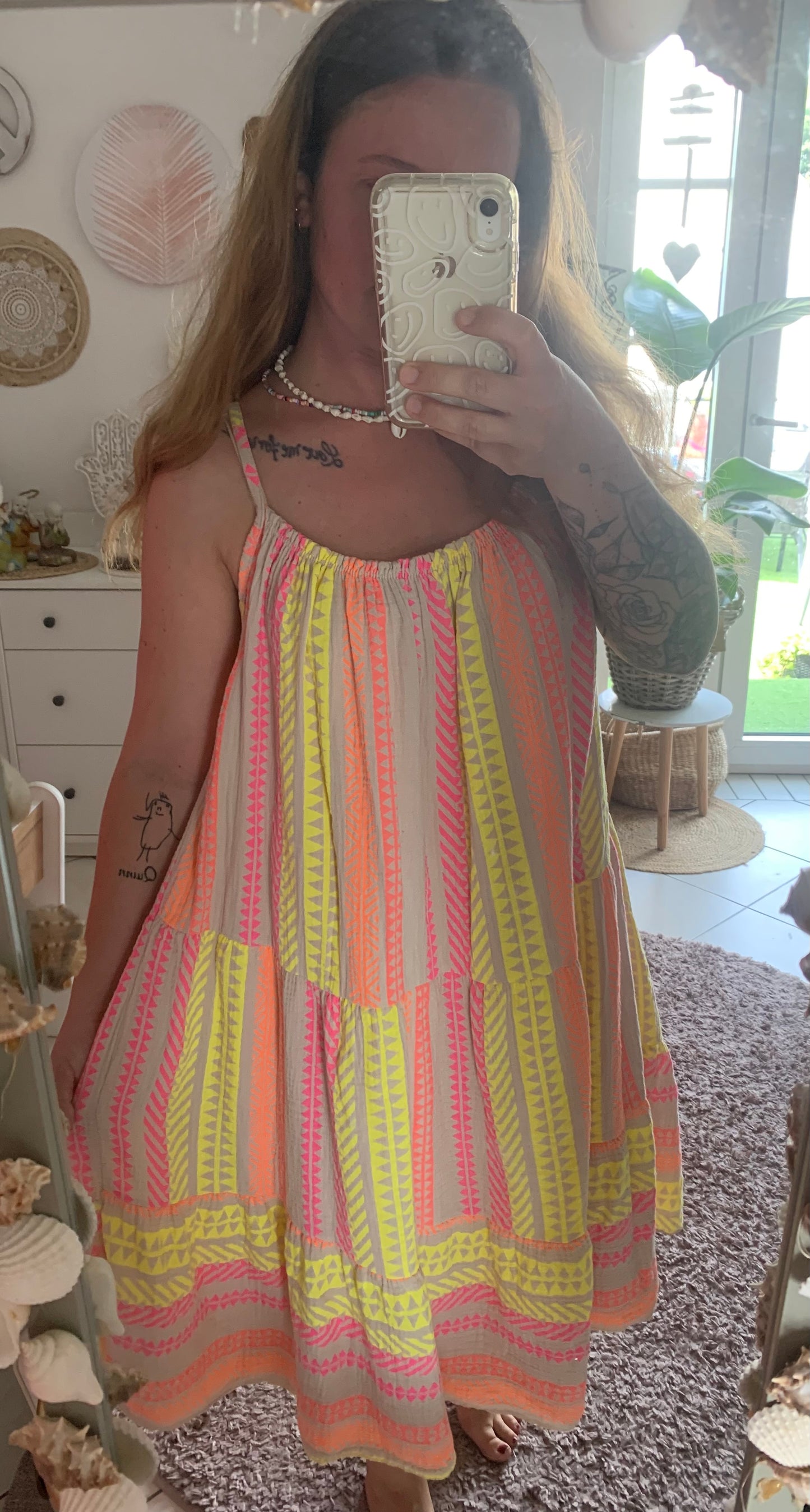 Musselin Kleid Sommerkleid Trägerkleid Spaghettiträger Hippie Boho Ethno Bloggerstyle Neon