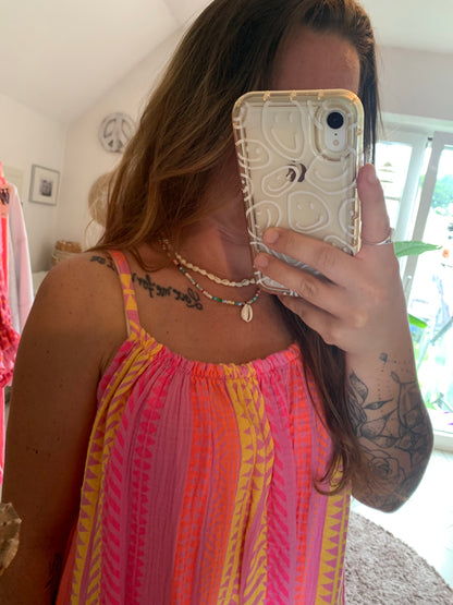 Musselin Kleid Sommerkleid Trägerkleid Spaghettiträger Hippie Boho Ethno Bloggerstyle Neon